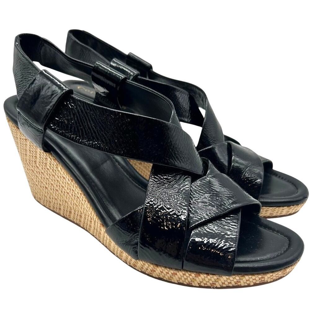 Cole Haan Maddie Black Patent Wedge Sandal SIZE 11 Woven Platform Beach Resort